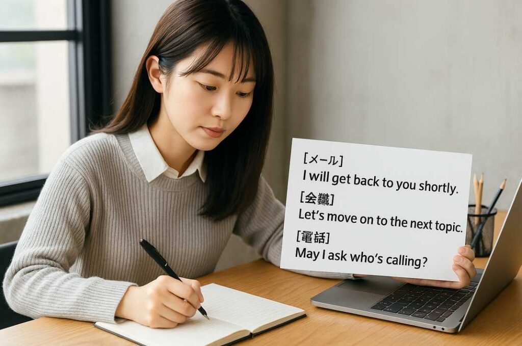 ビジネス英語のシーン別フレーズを学習する若い女性が、ノートにメモを取りながら英語例文の書かれた用紙を見つめている様子