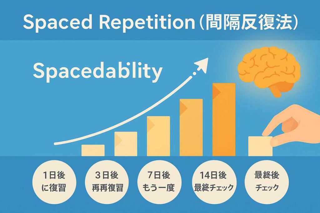 記憶定着のプロセスを示す棒グラフで、1日後・3日後・7日後・14日後に復習する様子が視覚的に表現され、右上には脳のアイコンが描かれている。