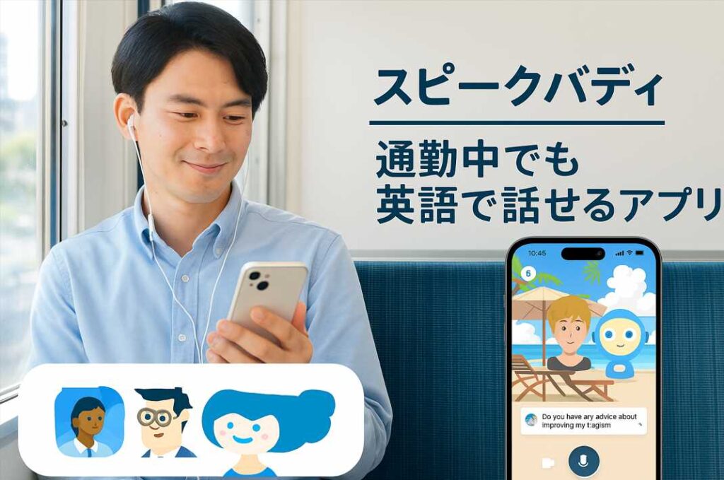 若い男性が電車内の窓際席でスマートフォンを使い、英語学習アプリ「スピークバディ」でAI英会話を楽しんでいる様子。イヤホンをつけて自然な笑顔を浮かべている。