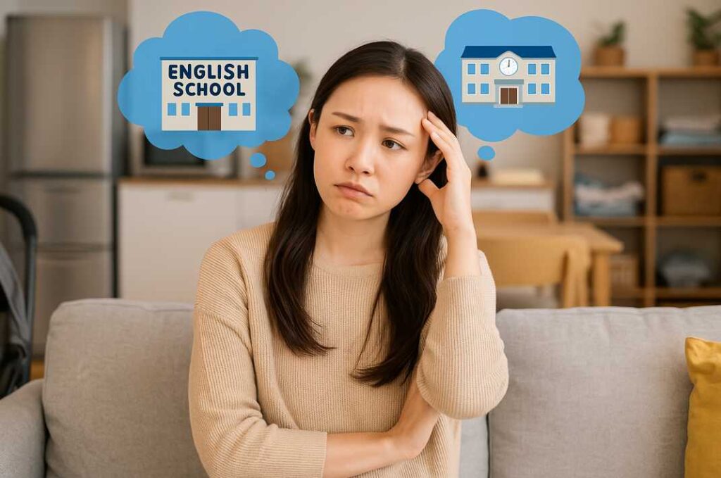 家事や育児に追われる日本人女性が、リビングで英会話スクールに通うことを思い浮かべて悩んでいる様子