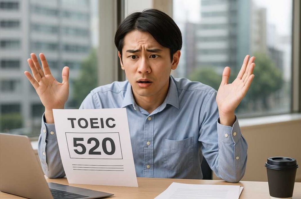 TOEICスコア520点の結果に困惑し、両手を上げて悩む若い男性が、オフィスの窓際でテスト結果を見つめている様子。