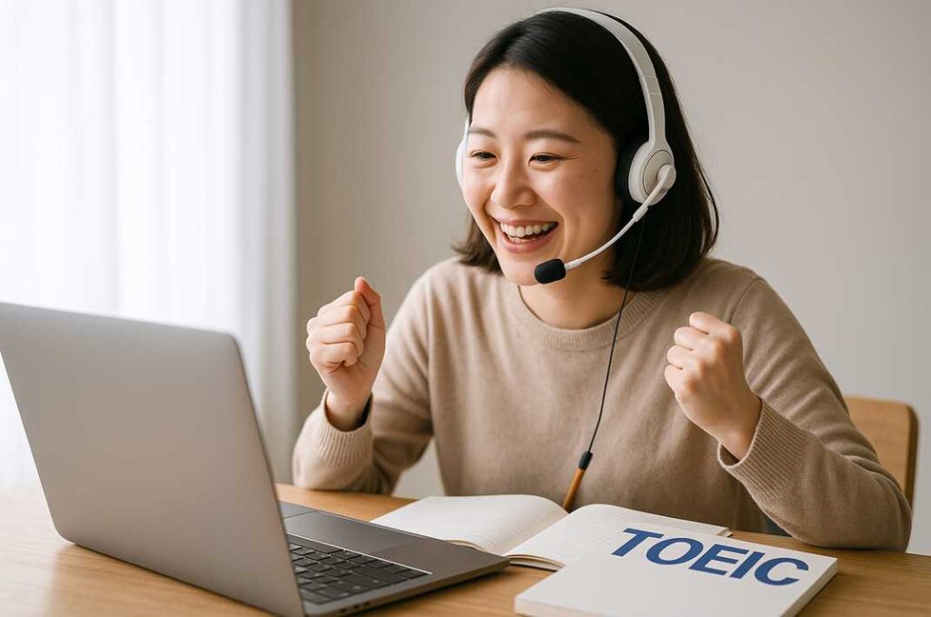 TOEIC対策のオンライン授業中に、ノートパソコンを前に笑顔でガッツポーズする若い女性の様子。ヘッドセットを着用し、机にはTOEIC教材とノートが開かれている。学習の手応えを感じている明るい瞬間。