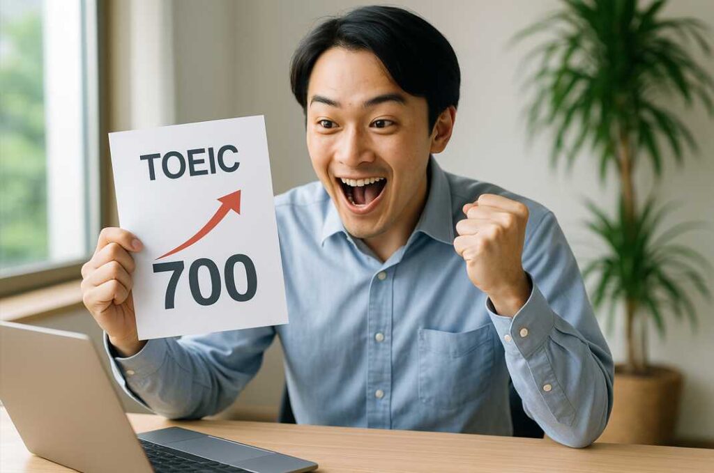 TOEICスコア700点を達成して喜びを爆発させる若い男性が、デスクでスコア表を掲げてガッツポーズをしている様子。