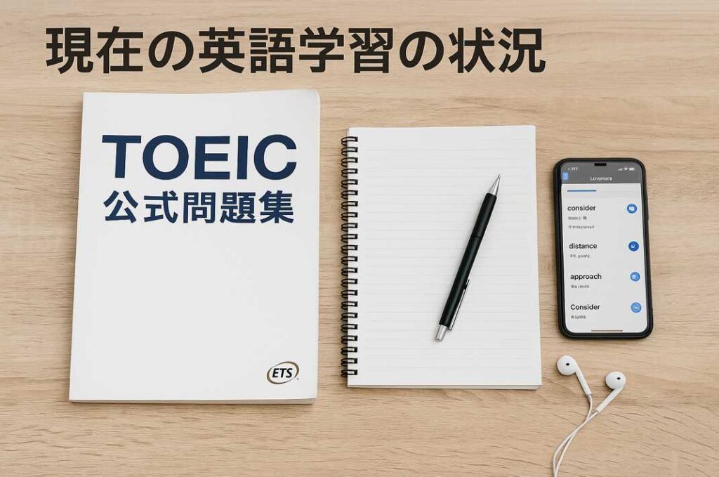 TOEIC公式問題集、ノート、ボールペン、スマホの英単語アプリ、イヤホンが木目調の机に整然と並んでいる様子。現在の英語学習環境を具体的に示しています。
