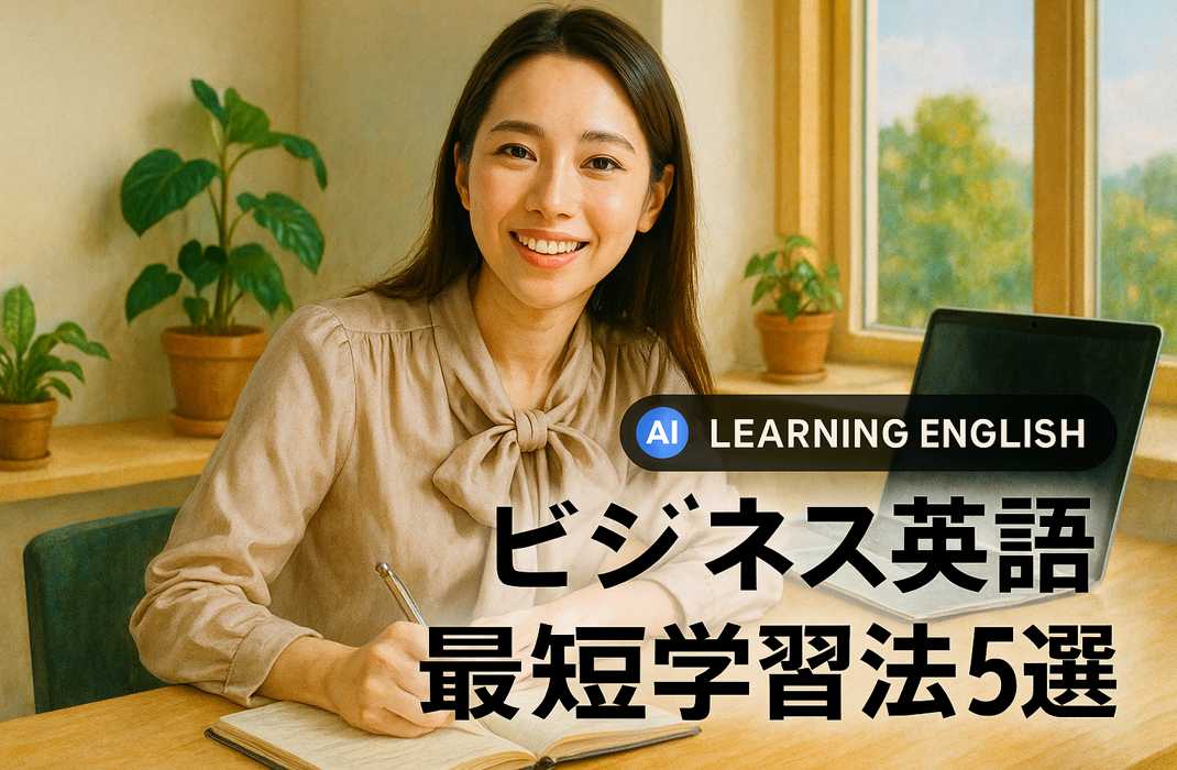 女性が明るい窓辺のデスクで笑顔を見せながら、ビジネス英語を学んでいる様子。ノートを開いてペンを持ち、集中して学習している空気感が伝わる瞬間。