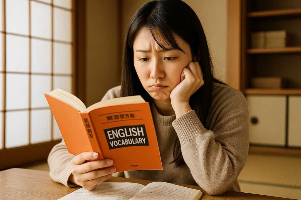日本人女性が英単語帳を真剣に読みながら、頬杖をついて悩んだ表情を浮かべている様子