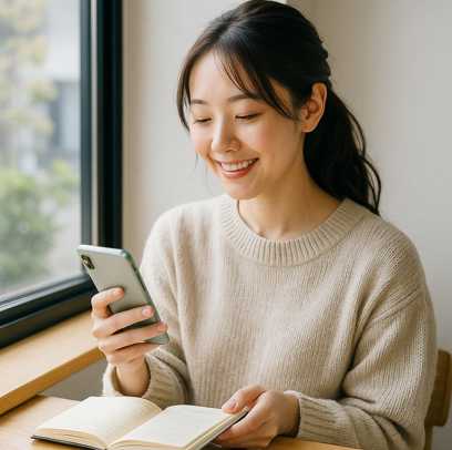 窓際でスマートフォンを手にリラックスしながら学習する日本人女性が、手帳を開いてほほ笑んでいる様子