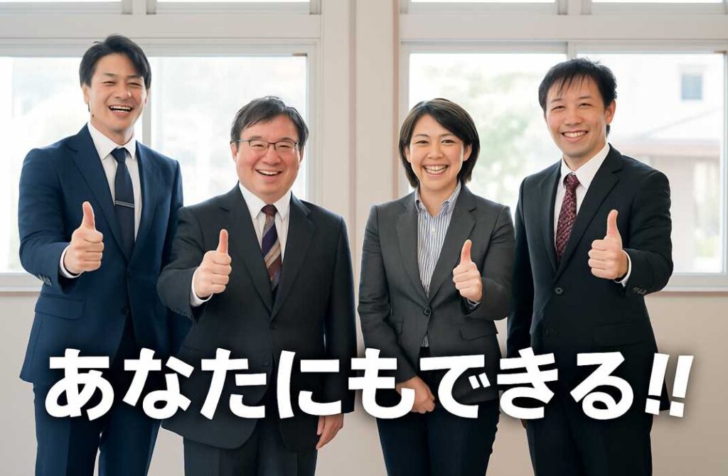 スーツ姿のビジネスパーソン4人が笑顔で親指を立て、「あなたにもできる」と励ましのメッセージを伝えている様子。