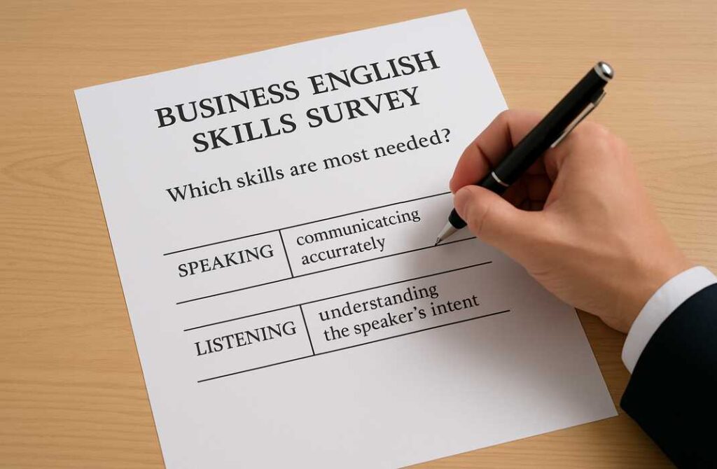 ビジネス英語スキル調査用紙に、スピーキングとリスニングの項目が記載されており、手元のボールペンで記入している様子。