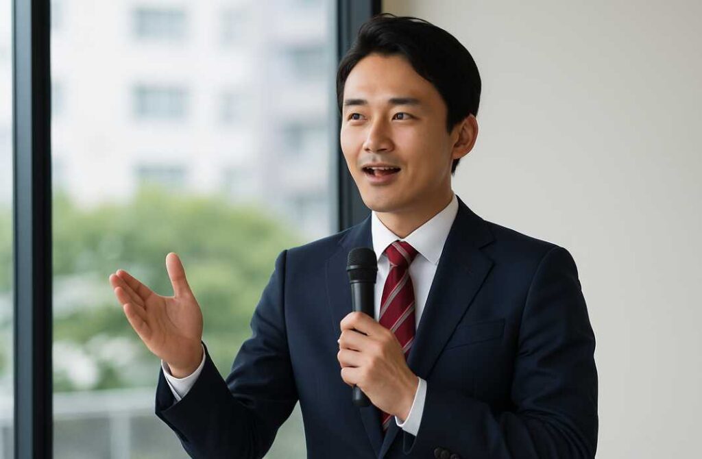 若手ビジネスマンがオフィスの一角で英語スピーチを自信を持って行っている様子。スーツ姿でマイクを手にし、自然光の入る窓辺で聴衆に向かって話している。