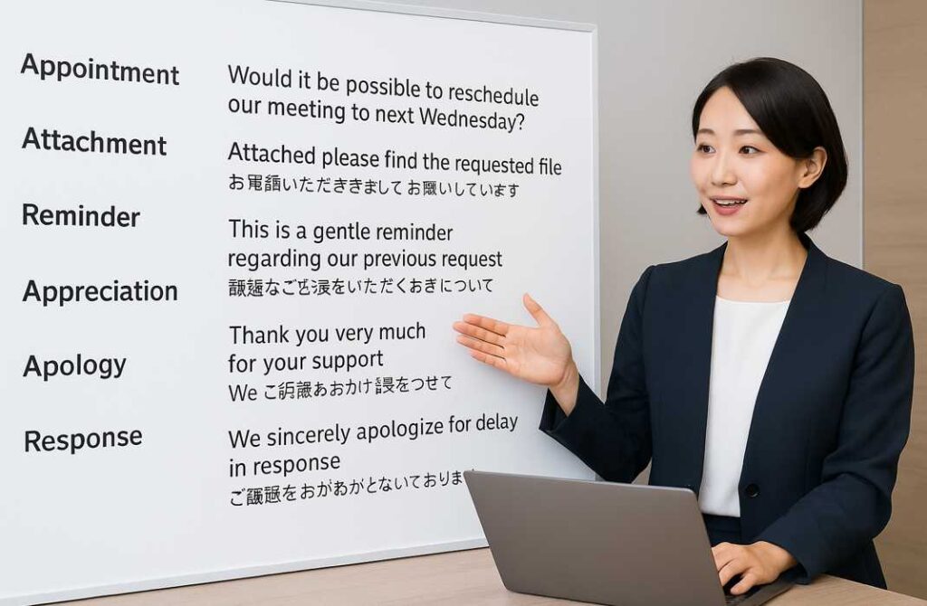 6つのビジネスシーンに対応した英文メール例文と和訳を提示しながら説明している講師。ホワイトボードには「アポイント調整」「資料送付」「催促」「感謝」「謝罪」「返信」の英文例と日本語訳が並んでいる。