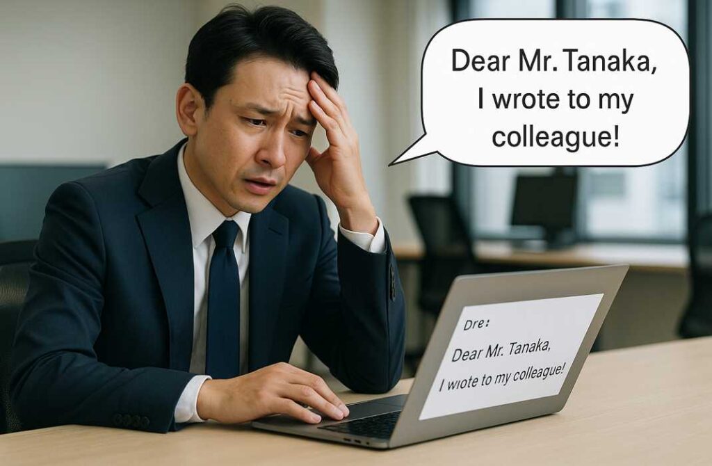 社内の同僚に「Dear Mr. Tanaka」と書いてしまい、頭を抱えるビジネスマン。ノートパソコンの画面には英文メールの冒頭が表示されており、表情には焦りや困惑がにじんでいる。