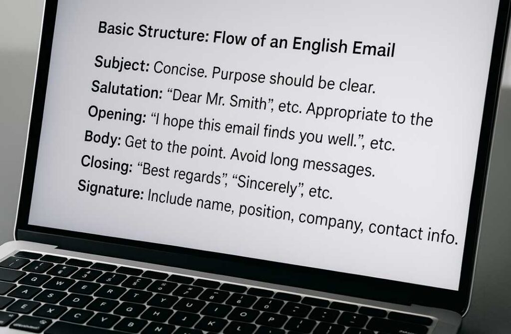 ノートパソコンの画面に、英語ビジネスメールの基本構成(Subject・Salutation・Opening・Body・Closing・Signature)がシンプルに表示されている様子。