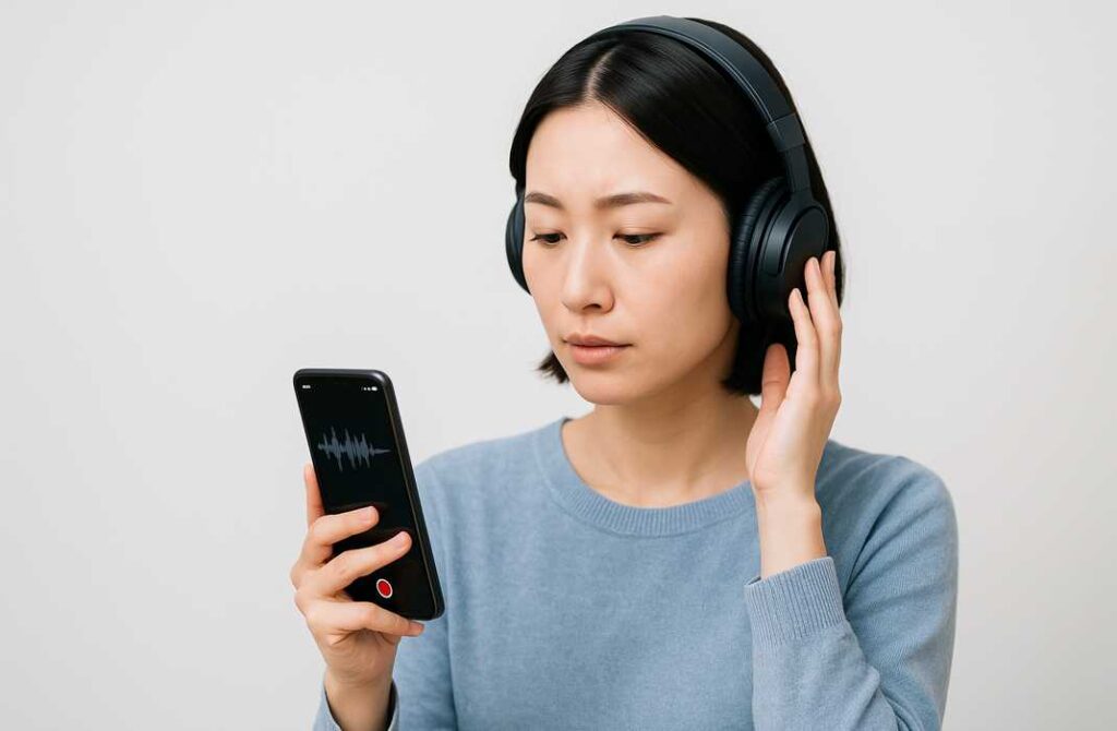 英語のスピーキング練習として、自分の声をスマホで録音し、ヘッドホンで真剣に聞き返している女性の様子。表情は集中しており、録音アプリの波形がスマホ画面に表示されている。