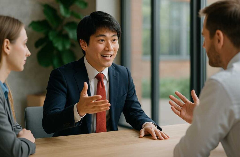 日本人男性が明るいオフィスで外国人同僚を前に、説得力のある英語で自信を持って話している様子。生き生きとした表情と身振りで、相手の反応を引き出している場面。