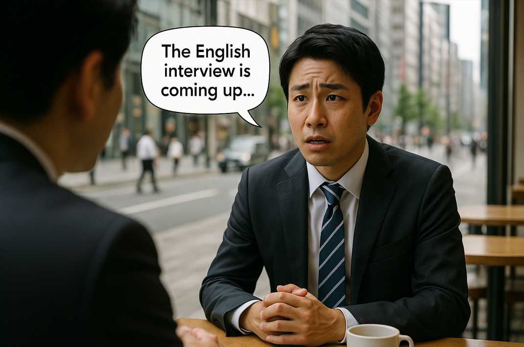 英語面接を控えた日本人ビジネスマンが、東京・銀座の喫茶店で不安そうに会話している様子。窓の外には銀座の歩道が見え、自然光が差し込む落ち着いた雰囲気。