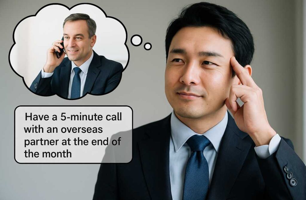 日本人男性が月末に海外パートナーと英語で5分間の電話をする自分を想像している様子。思考バブルには電話中の外国人の姿が描かれている。