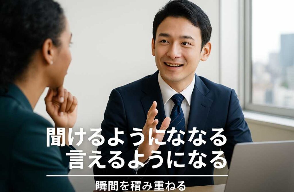 男性がビジネスシーンで外国人女性と英語で会話し、聞ける・言える力を実感している様子。「聞けるようになる・言えるようになる」という目標の積み重ねを表現している。
