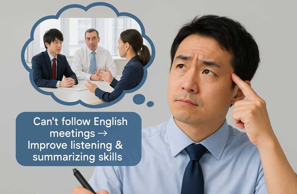 英語会議での聞き取りに悩む日本人男性が、リスニングと要約力の強化を考えている様子。思考バブルの中に英語会議のイメージが描かれている。