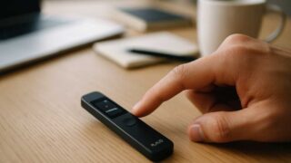 会議机でPLAUD Note Proのボタンを押す指のクローズアップ（英語会議の議事録イメージ）