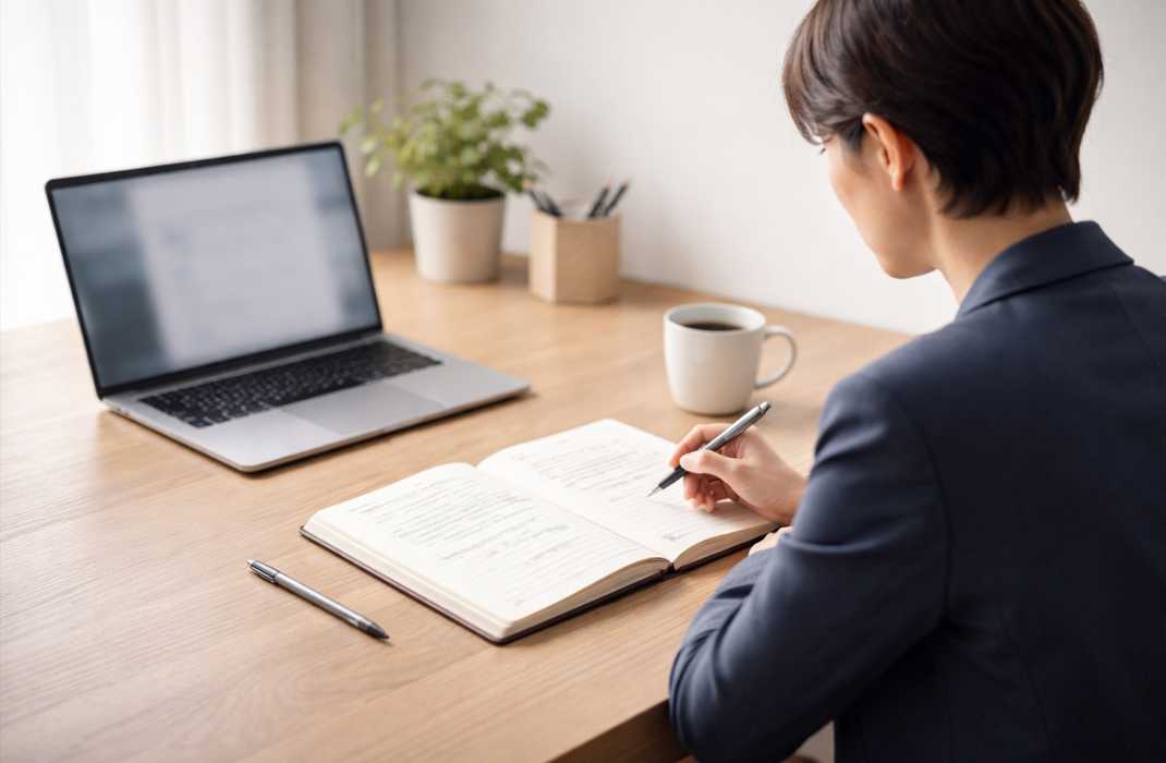 デスクでノートを取りながらビジネス英語を学習する社会人の学習風景