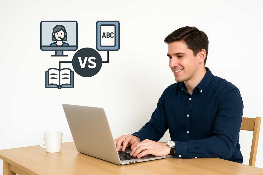 忙しい社会人が自宅でノートパソコンを使い英語学習サービスを比較している様子