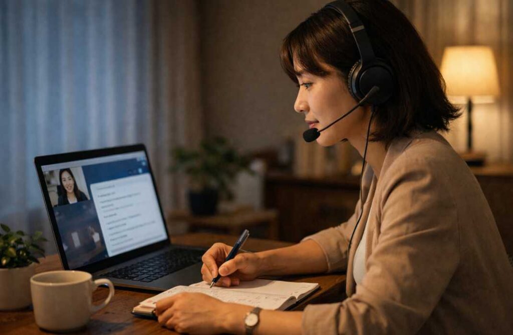 忙しい社会人が自宅でオンライン英会話を学習している様子