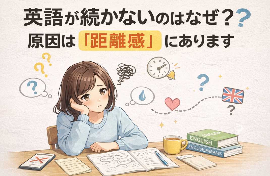 英語の勉強が続かず悩む社会人が、自分に合う学び方との距離感を考えているイメージ