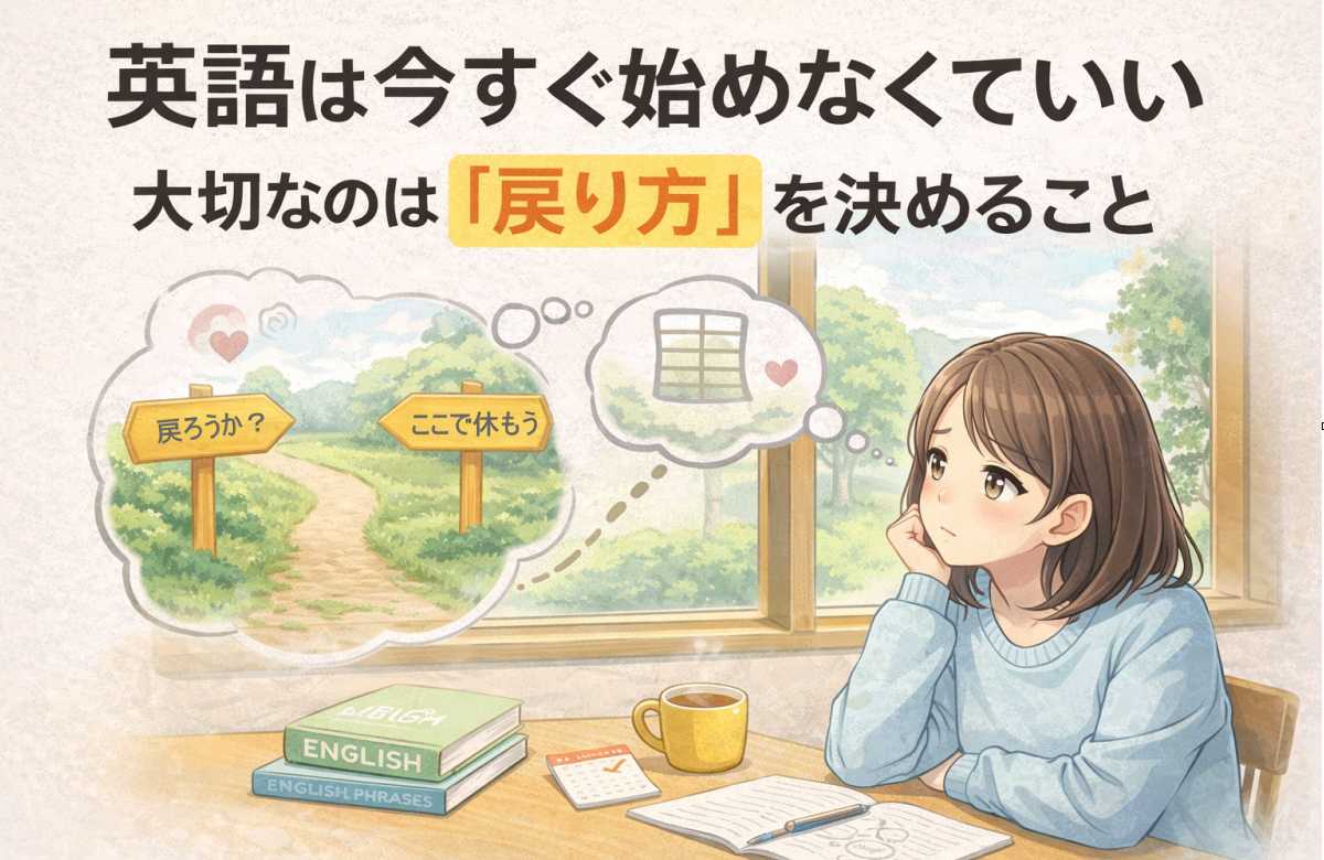 英語学習を今すぐ始めなくてもよいと考えながら、学び方の距離感を見つめ直す社会人女性のイラスト