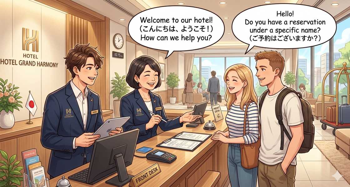 ホテルのフロントで英語フレーズを案内するマツ姐とノビオ