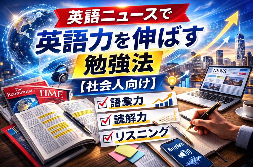 英語ニュースで英語力を伸ばす社会人向け勉強法を解説する英語学習イメージ