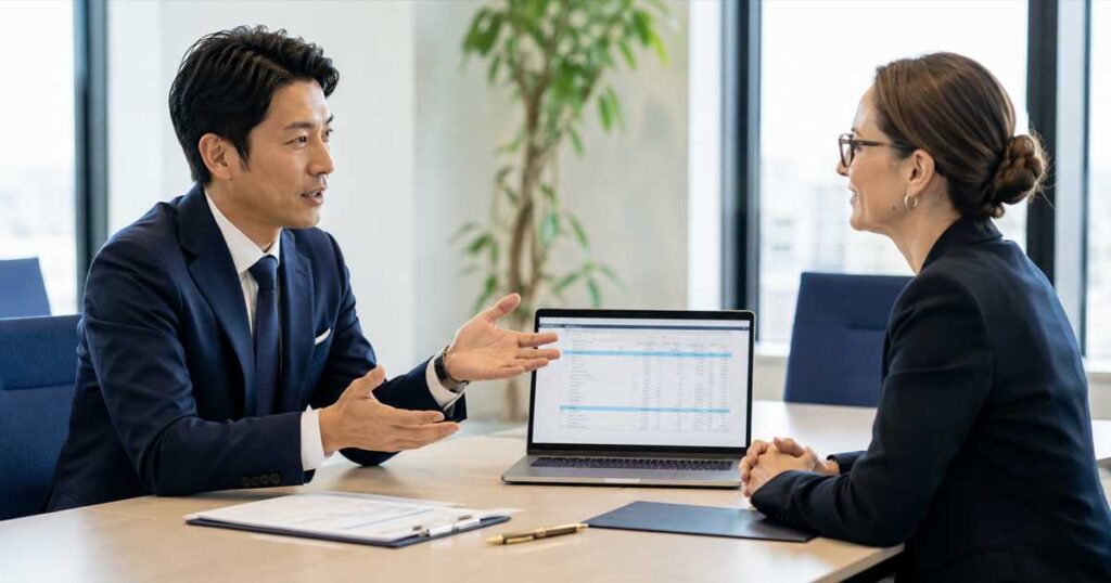 英語で価格交渉する日本人ビジネスマンと海外パートナー