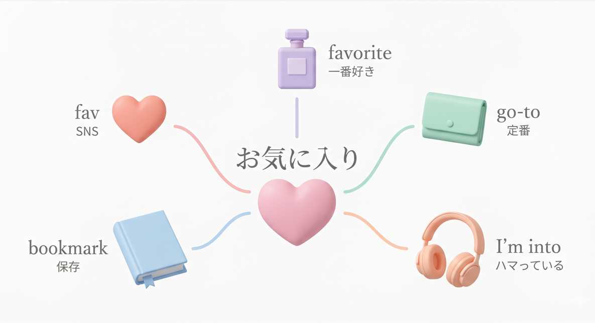 お気に入りの英語表現5つの使い分け favorite go-to fav 図解