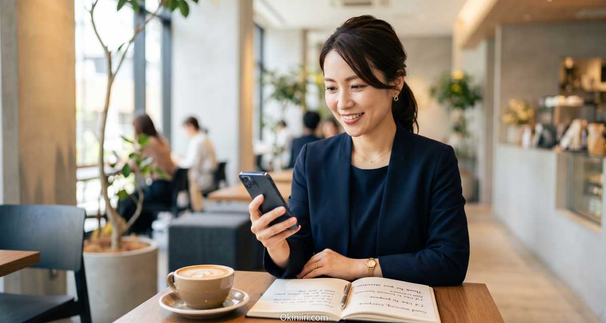 スマホでビジネス英語フレーズを検索する社会人の女性