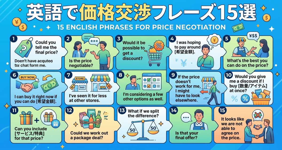 「英語で価格交渉フレーズ15選」と書かれたインフォグラフィック。1から15までの番号順に、イラストと英文、日本語の補足（例：「Could you tell me the final price?」など）がリスト形式で掲載されています。