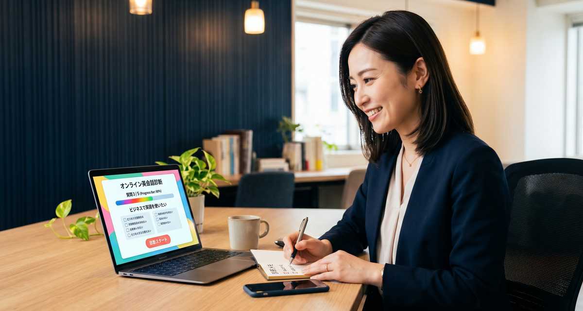 社会人に人気のオンライン英会話を診断する女性